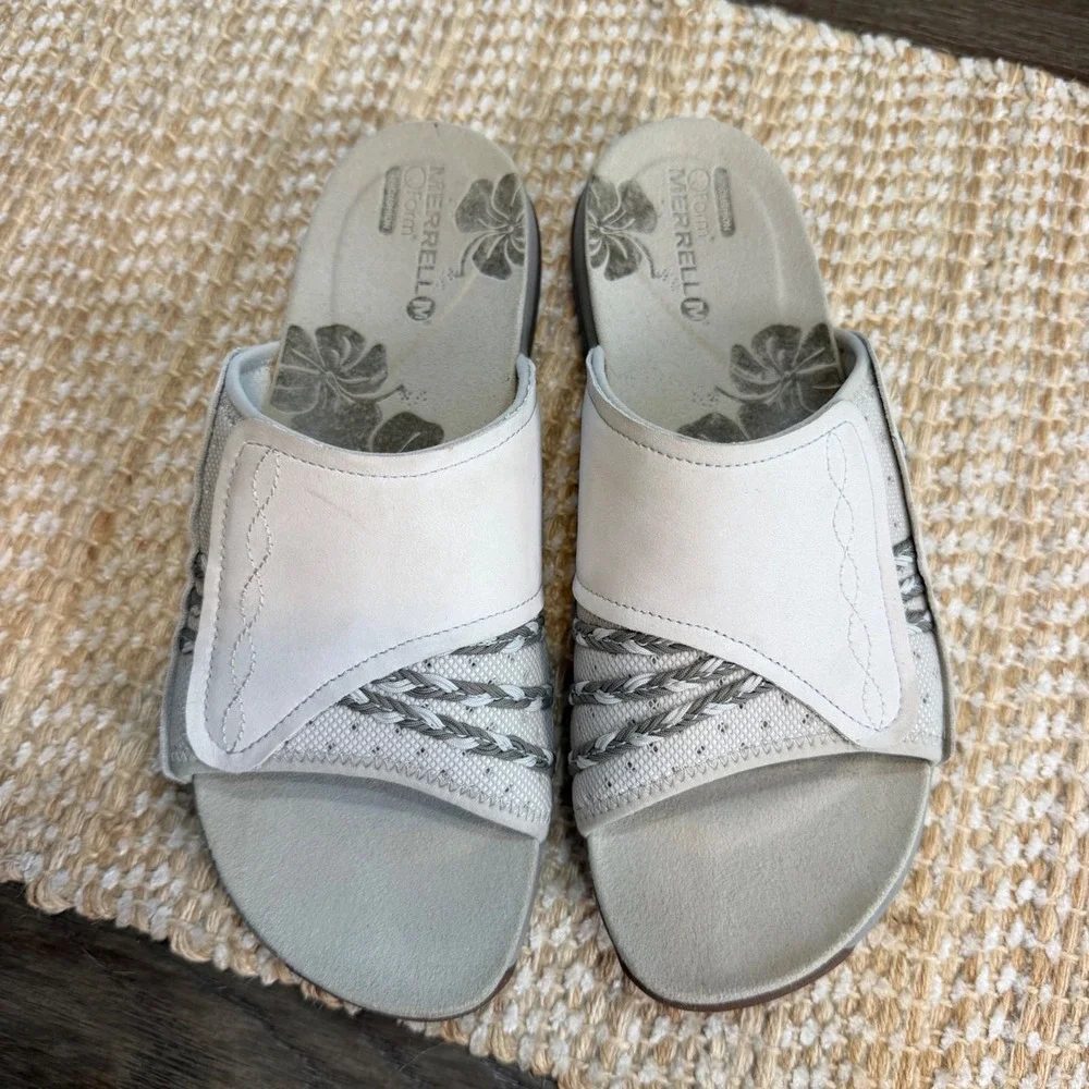Merrell Lilyfern Silver Birch Leather Slide Sandals Womens 9 QForm Comfort